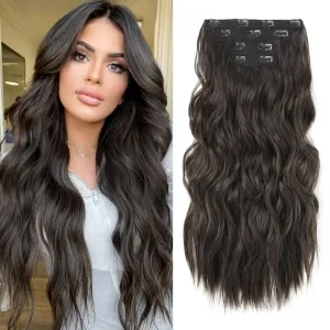 REECHO Hair Extensions, 4PCS Clip in Hair Extensions 24" Thick Long Beach Waves Dark Brown hair extensions HE003 Invisible Lace Weft Natural Soft Synthetic Hairpieces for Women – Dark Brown