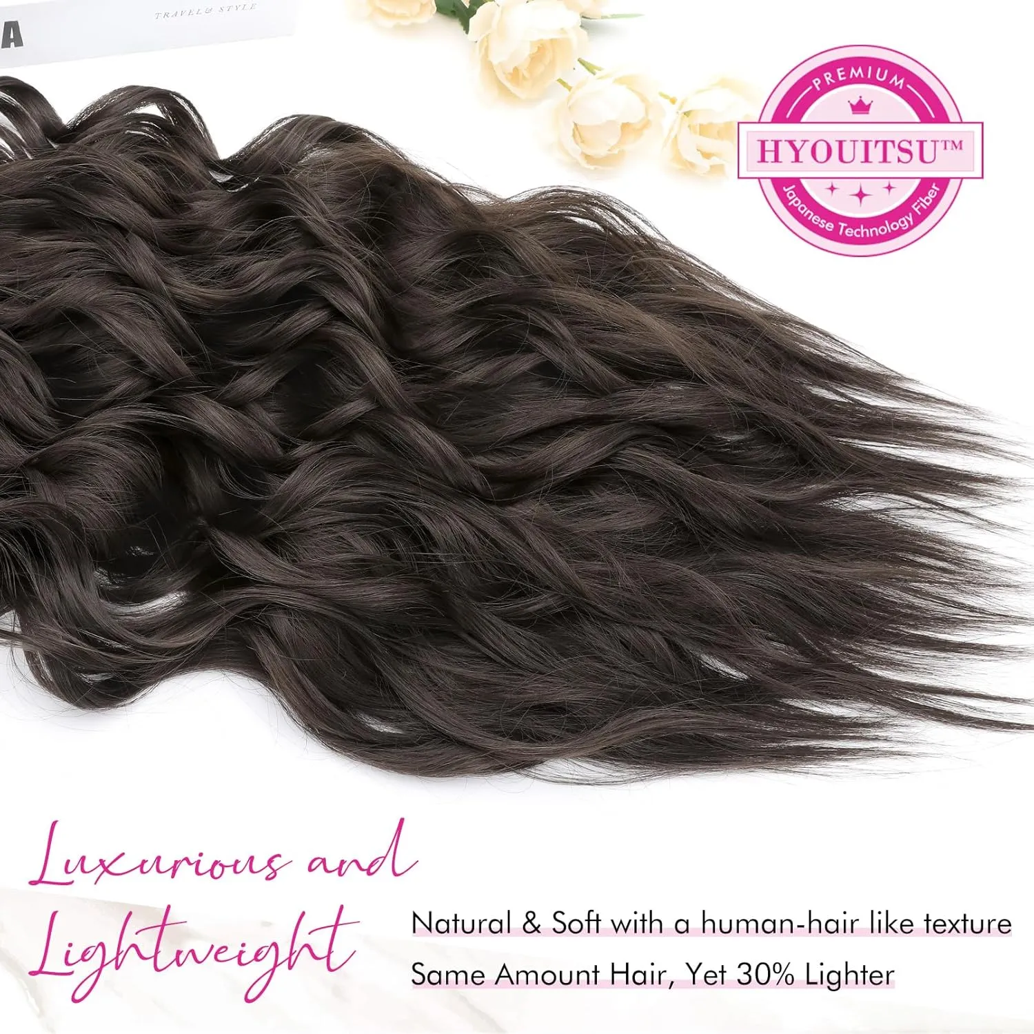 REECHO Hair Extensions, 4PCS Clip in Hair Extensions 24" Thick Long Beach Waves Dark Brown hair extensions HE003 Invisible Lace Weft Natural Soft Synthetic Hairpieces for Women – Dark Brown