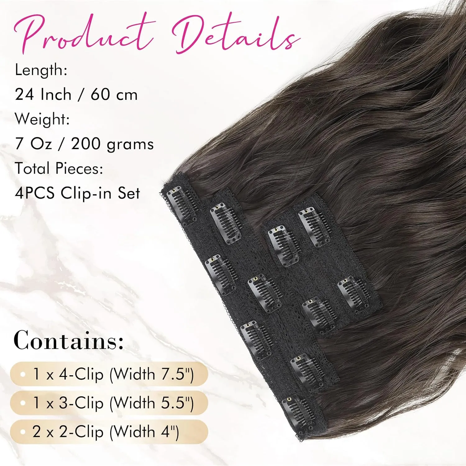 REECHO Hair Extensions, 4PCS Clip in Hair Extensions 24" Thick Long Beach Waves Dark Brown hair extensions HE003 Invisible Lace Weft Natural Soft Synthetic Hairpieces for Women – Dark Brown