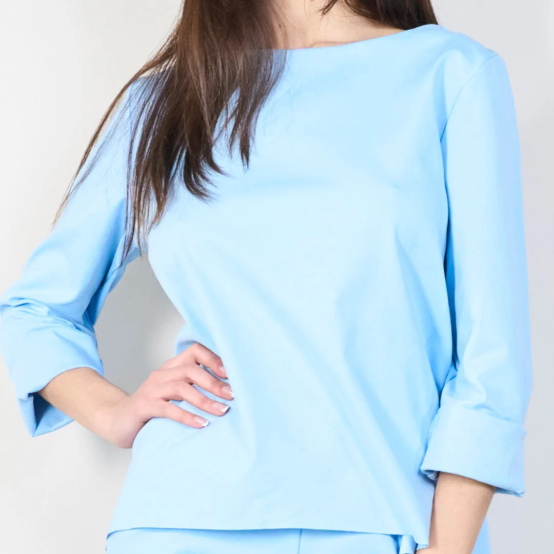 Relaxed boat neck top with rolled sleeves wholesale