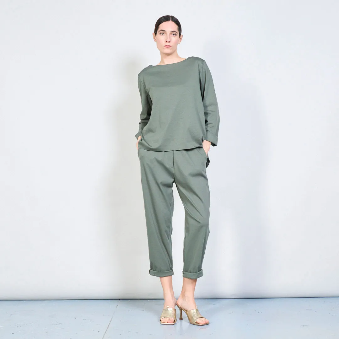 Relaxed boat neck top with rolled sleeves wholesale