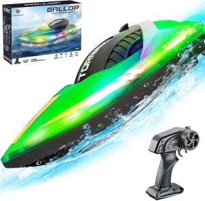 Remote Control Boat with LED Lights, 15  MPH Fast, 2.4GHz High Speed Racing RC Boats for Lakes,Pool Toys for Kids & Adults, Summer Water Toys Birthday Gifts for Boys（Green）