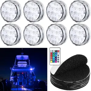 Retisee 8 Sets Boat Lights Marine Waterproof LED Battery Operated Punk Submersible Boat Interior Lights with Remote for Deck Fishing Courtesy, RGB Multicolor Changing