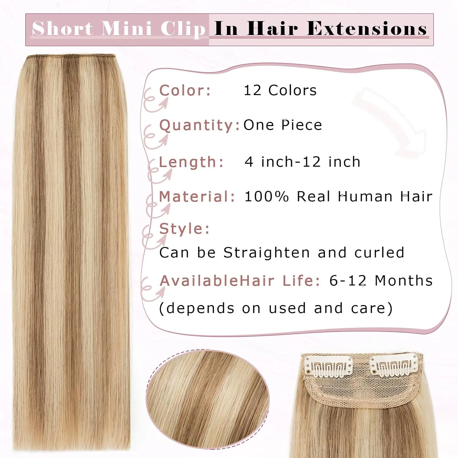 Rich Choices Clip in Short Hair Extensions 100% Real Remy Human Hair Invisible Mini HairPieces for Thinning Women and Men 6 Inch Medium Brown&Dark Blonde