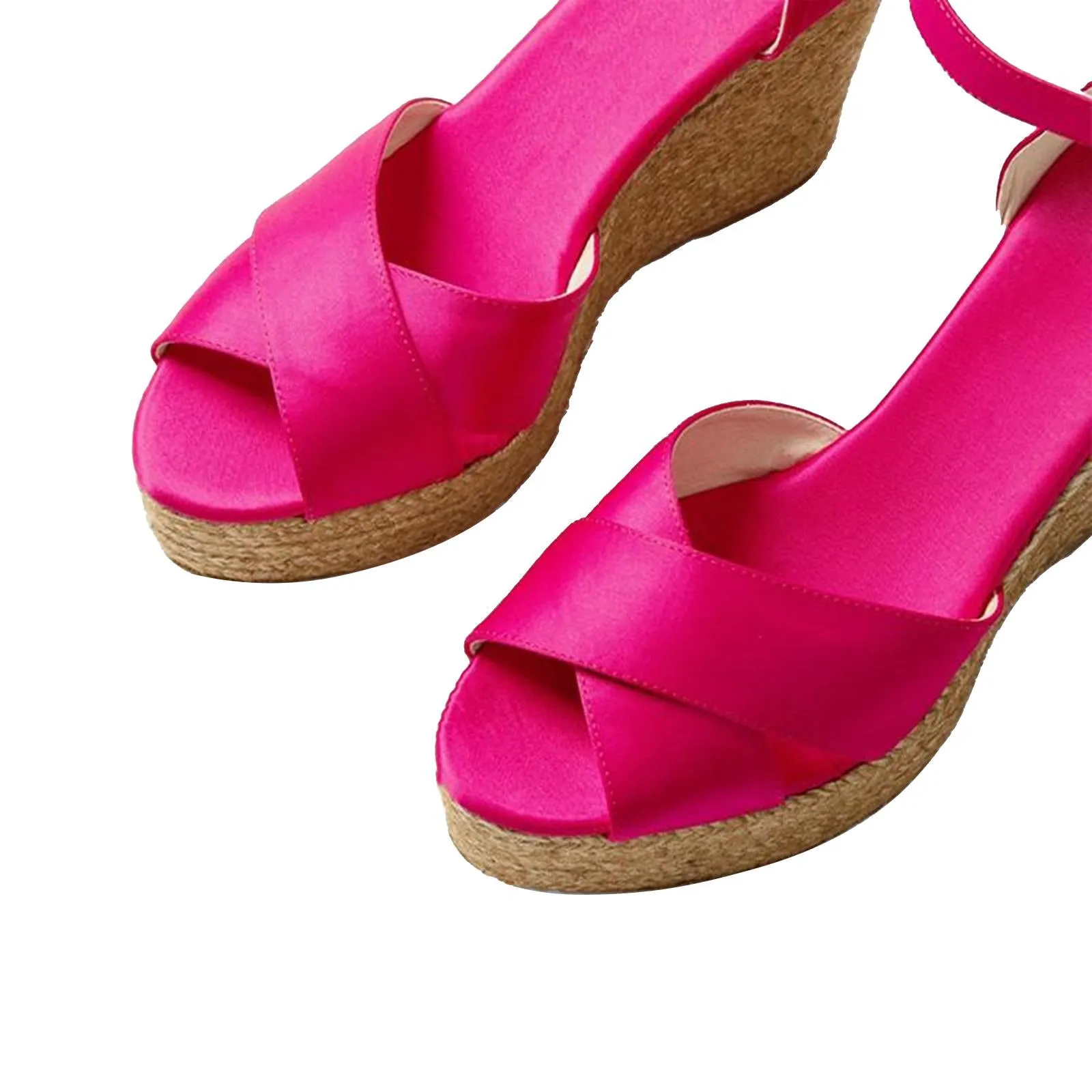 Rose Red Satin Cross Bands Open-toe Buckle Ankle Strap Espadrille Wedge Sandals
