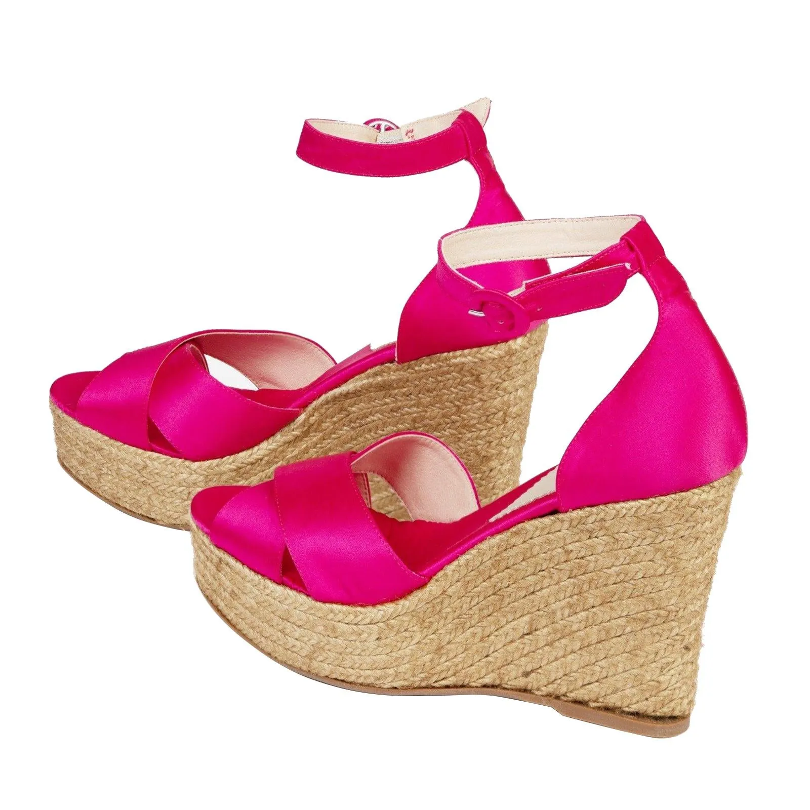 Rose Red Satin Cross Bands Open-toe Buckle Ankle Strap Espadrille Wedge Sandals
