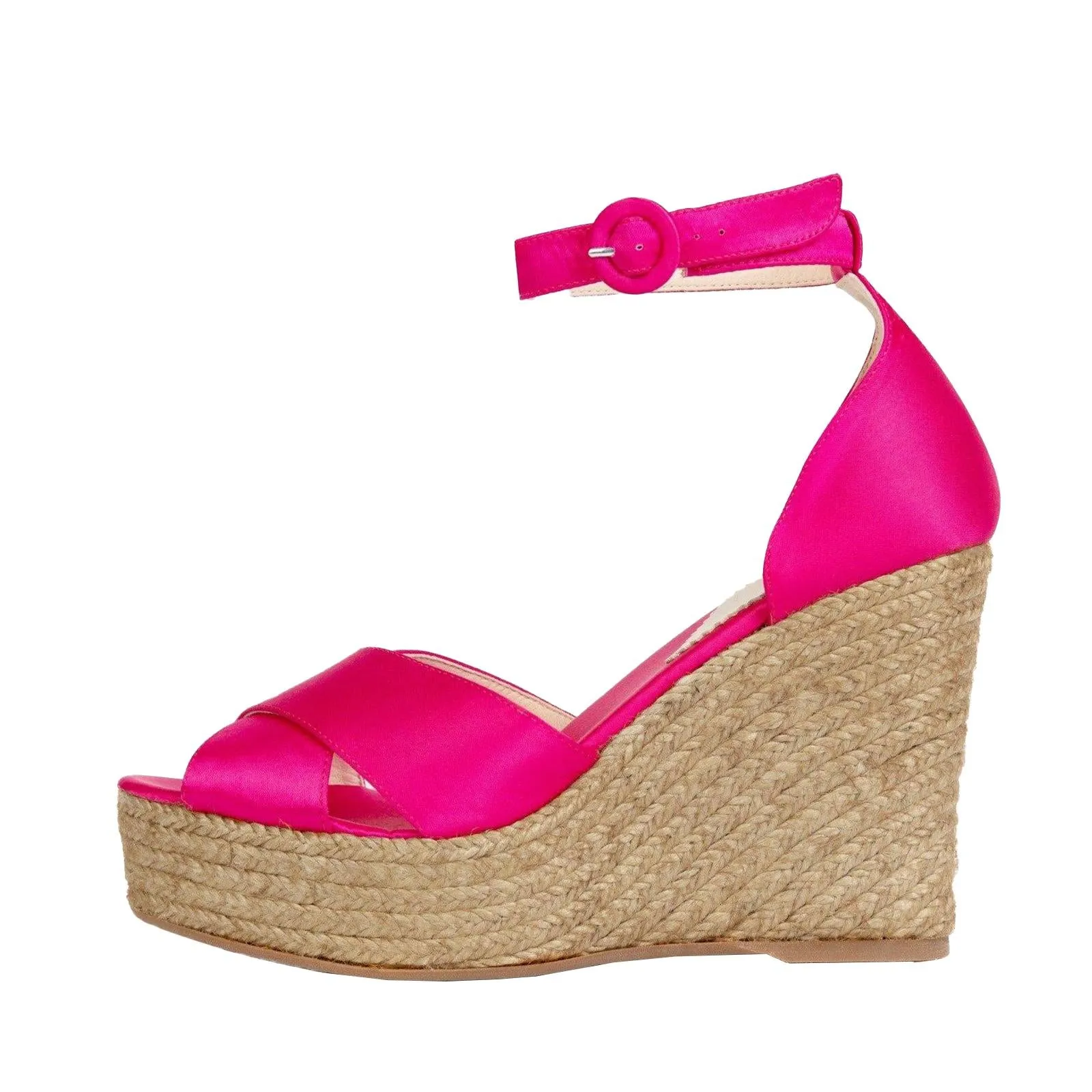 Rose Red Satin Cross Bands Open-toe Buckle Ankle Strap Espadrille Wedge Sandals
