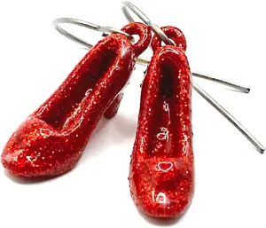 Ruby Red Slippers Earrings, Miniature Dorothy's Slipper Shoes Titanium Dangle Hooks, Oz Costume, Glittery Finish 0.75 Inch, Handmade Jewelry