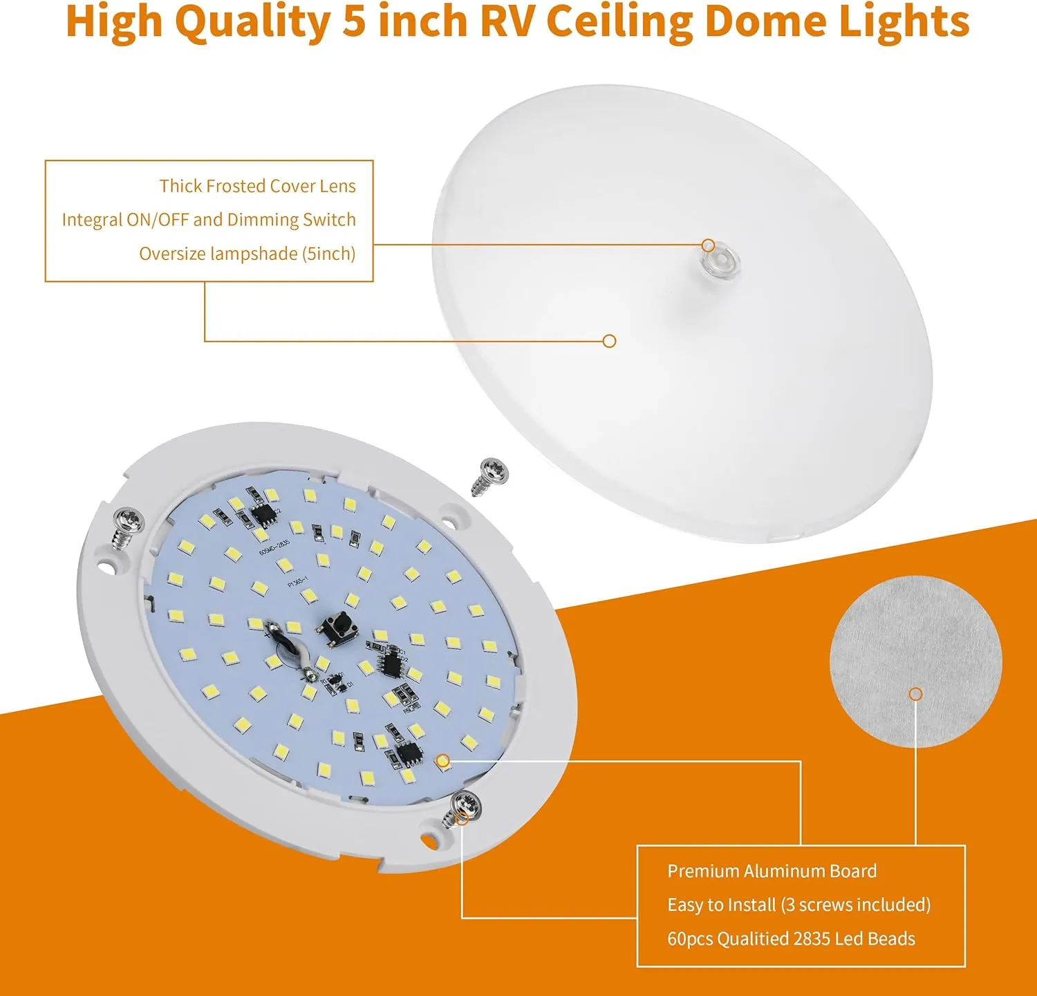 RV Lights Interior, 5 Inch Cool White RV LED Ceiling Puck Light Dimmable 12V Camper Puck Lights 6000-6500k Transparent Frosted 4.5W LED Ceiling Dome Light for Camper Van Trailer Boat, 5-Pack