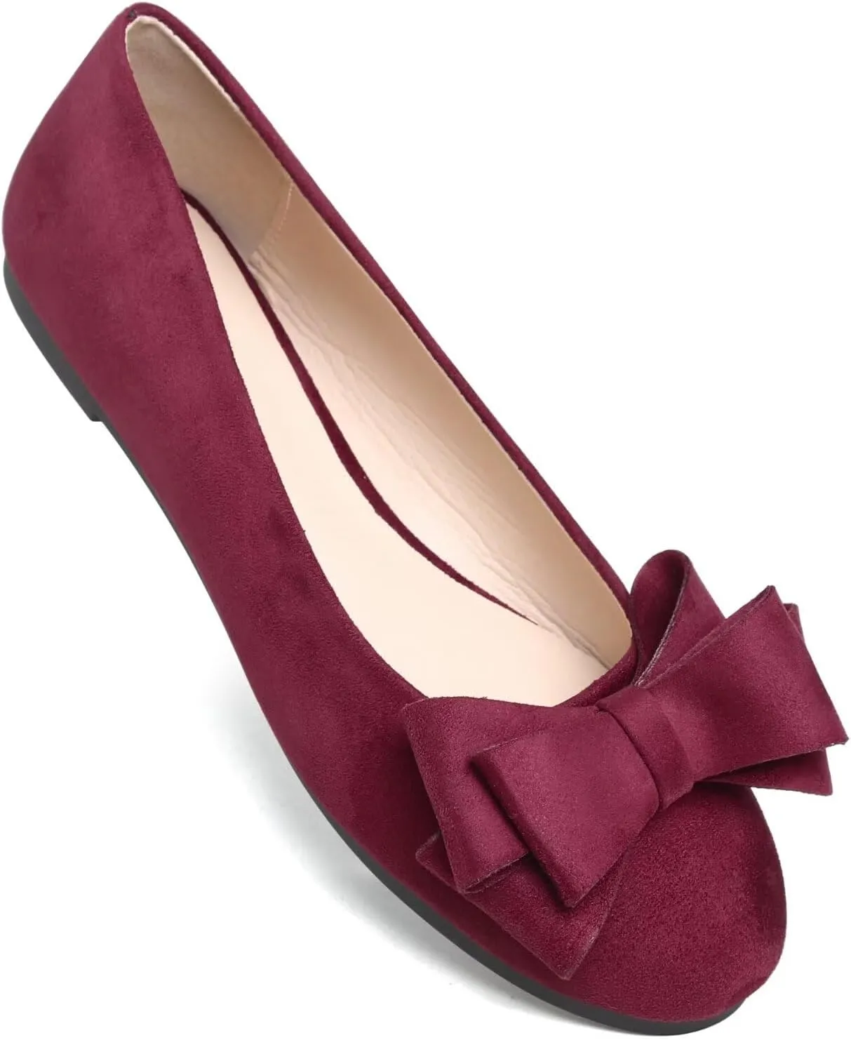 SAILING LU Women's Round Toe Ballerina Shoes Cute Bow Flats Comfortable Soft Suede Slip-ons Solid Color Office Lady Walking Loafers