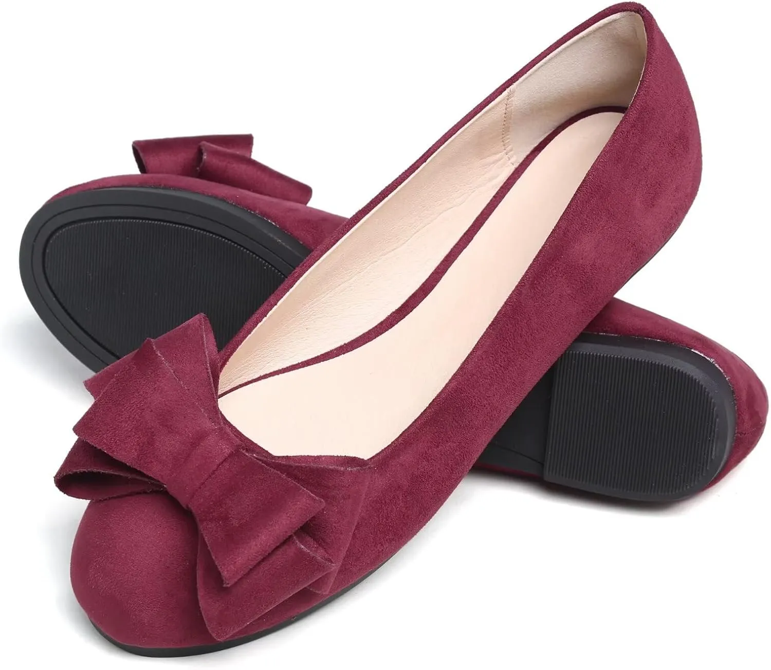 SAILING LU Women's Round Toe Ballerina Shoes Cute Bow Flats Comfortable Soft Suede Slip-ons Solid Color Office Lady Walking Loafers