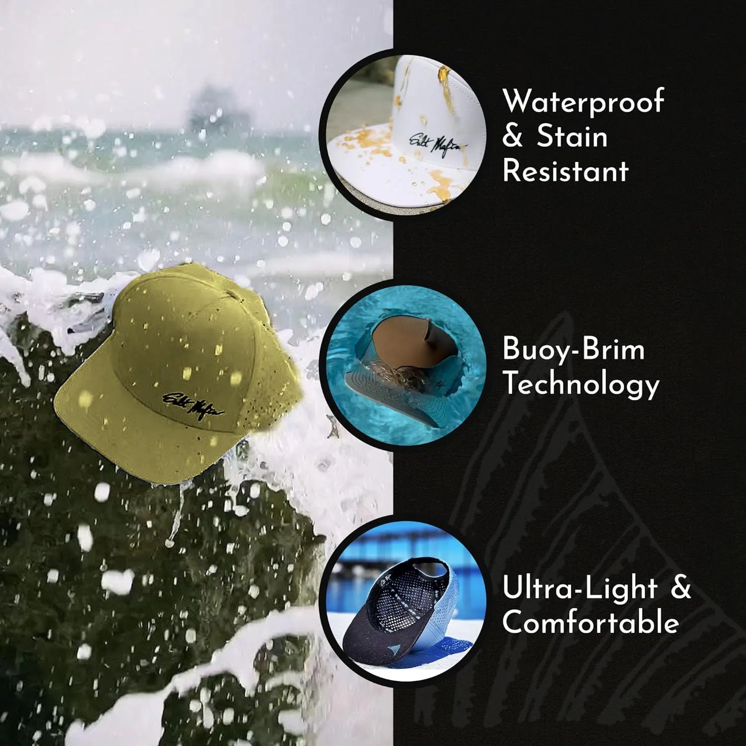 Salt Mafia Hats for Men - Waterproof Hats for Men, 7 Panel Flat Brim Surfer Hat