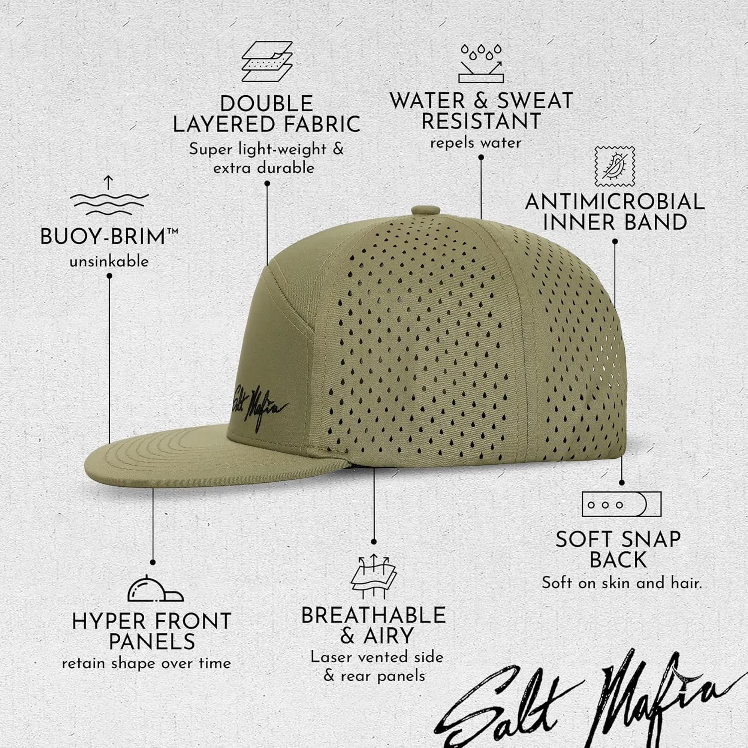 Salt Mafia Hats for Men - Waterproof Hats for Men, 7 Panel Flat Brim Surfer Hat
