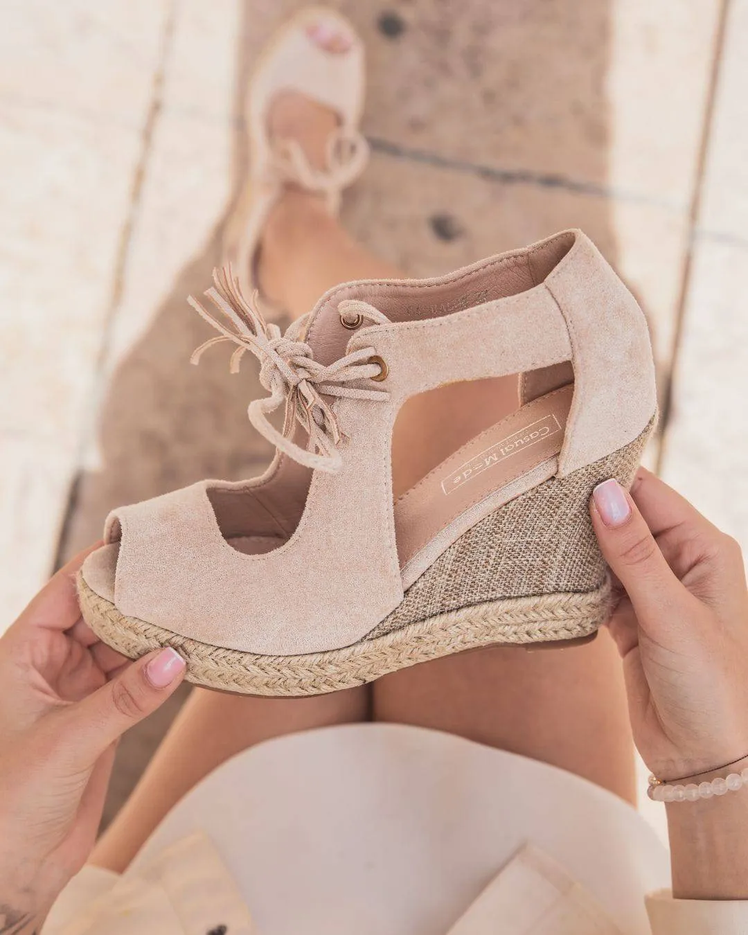 Sandale femme compensée corde beige daim - Inès
