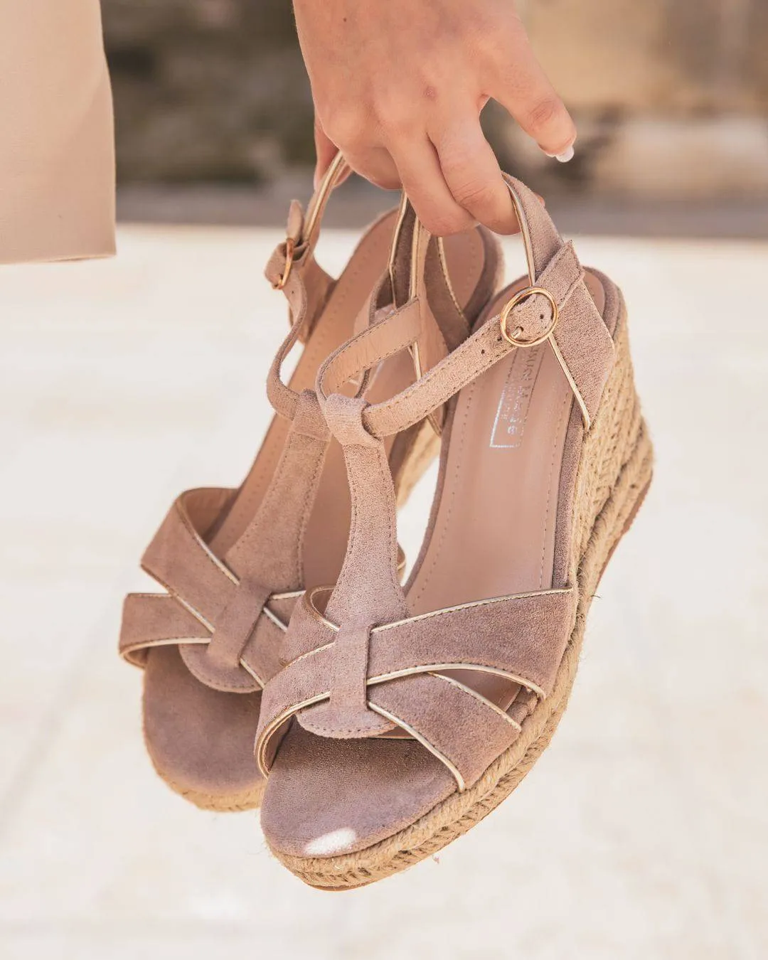 Sandale femme compensée corde beige daim - Manon