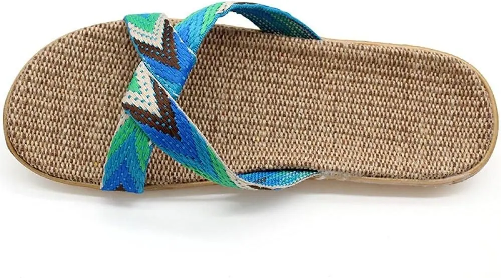 Sandals Cross Flax Slippers Home Shoes Linen Slippers Flats Women Slippers Shoes Silent Indoor Home Slipper-Blue_6_Us (Oranje 7 US)