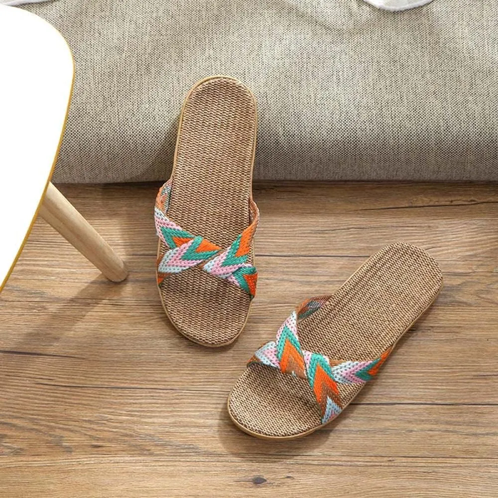 Sandals Cross Flax Slippers Home Shoes Linen Slippers Flats Women Slippers Shoes Silent Indoor Home Slipper-Blue_6_Us (Oranje 7 US)