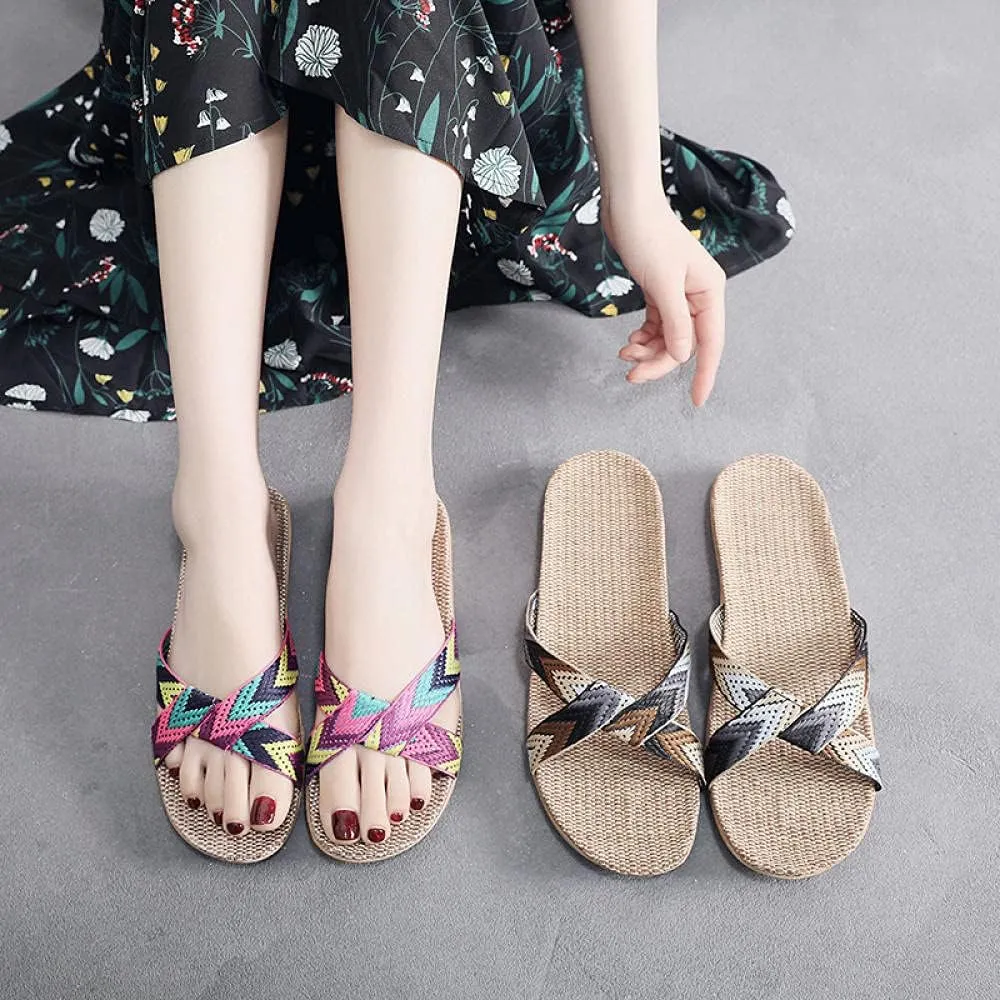 Sandals Cross Flax Slippers Home Shoes Linen Slippers Flats Women Slippers Shoes Silent Indoor Home Slipper-Blue_6_Us (Oranje 7 US)