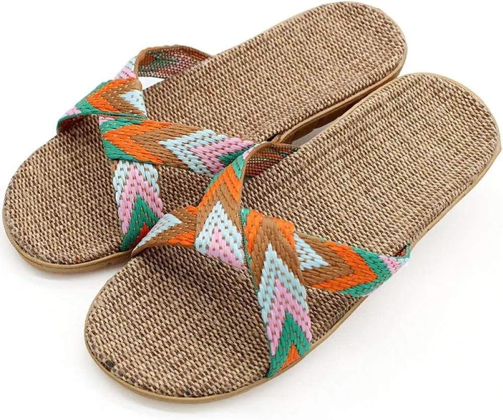 Sandals Cross Flax Slippers Home Shoes Linen Slippers Flats Women Slippers Shoes Silent Indoor Home Slipper-Blue_6_Us (Oranje 7 US)