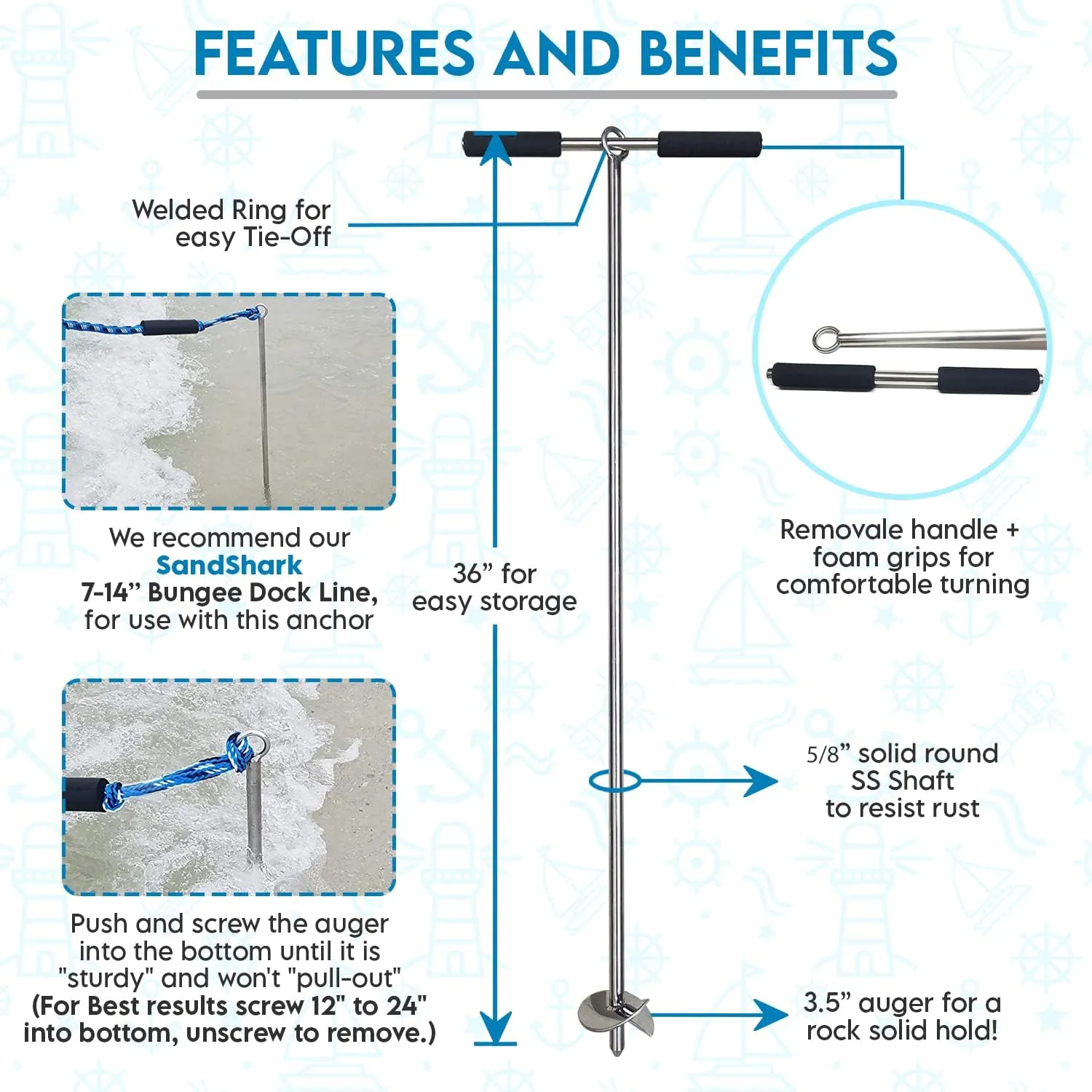 SandShark Lite Series Boat Anchor - Shallow Water Anchor Pole - Jet Ski Anchor, Kayak Anchor, Pontoon Boat Accessories for Beach and Sandbar - 316 Stainless Steel w/Handle and Padded Case