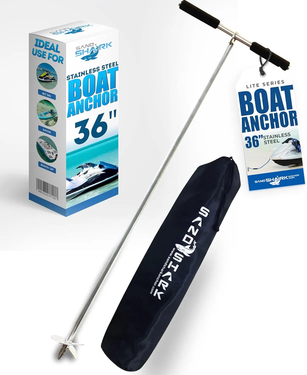 SandShark Lite Series Boat Anchor - Shallow Water Anchor Pole - Jet Ski Anchor, Kayak Anchor, Pontoon Boat Accessories for Beach and Sandbar - 316 Stainless Steel w/Handle and Padded Case
