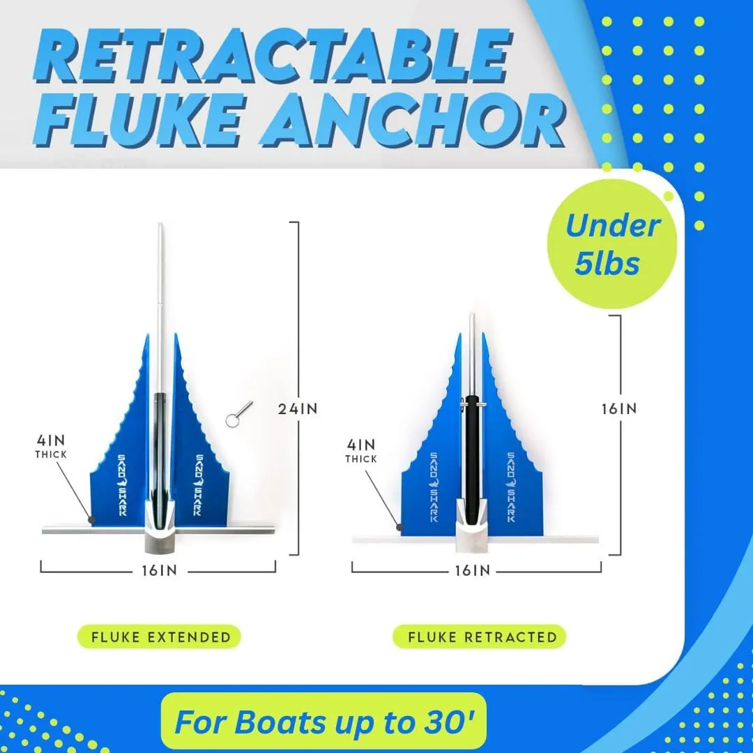 SandShark Premium Fluke Anchor-Retractable Shaft Easy Storage-Aluminum Pontoon Boat Anchor, Jet Ski Anchor. Boats<30 ft. Sand Anchor for Boat, Boat Anchor.