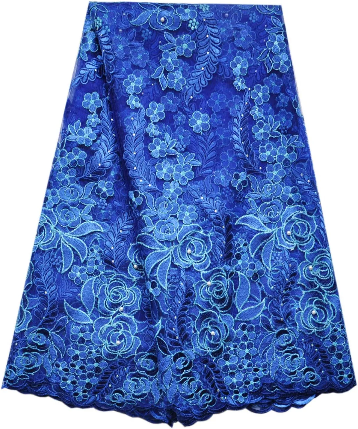 SanVera17 African Lace Net Fabrics Nigerian French Fabric Rope Embroidered and Manual Beading Guipure Cord Lace for Party Wedding 5 Yards (Blue)
