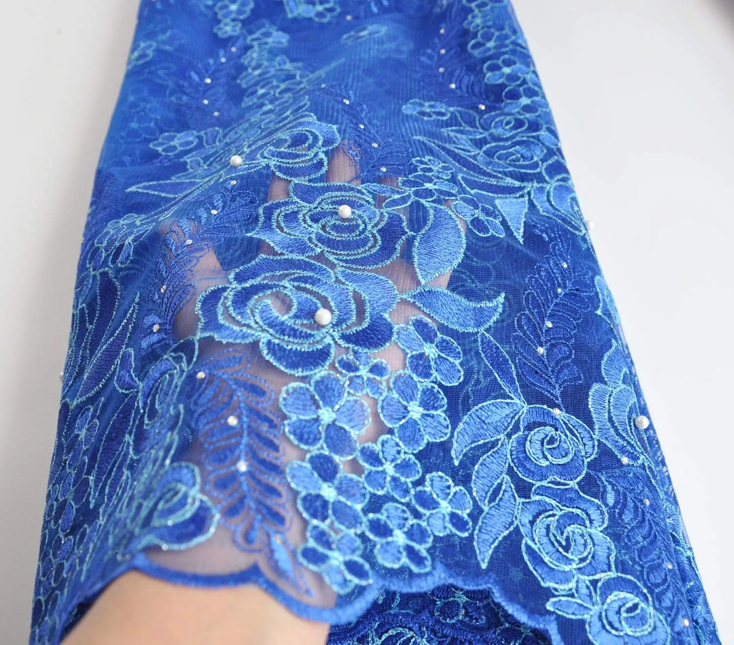SanVera17 African Lace Net Fabrics Nigerian French Fabric Rope Embroidered and Manual Beading Guipure Cord Lace for Party Wedding 5 Yards (Blue)