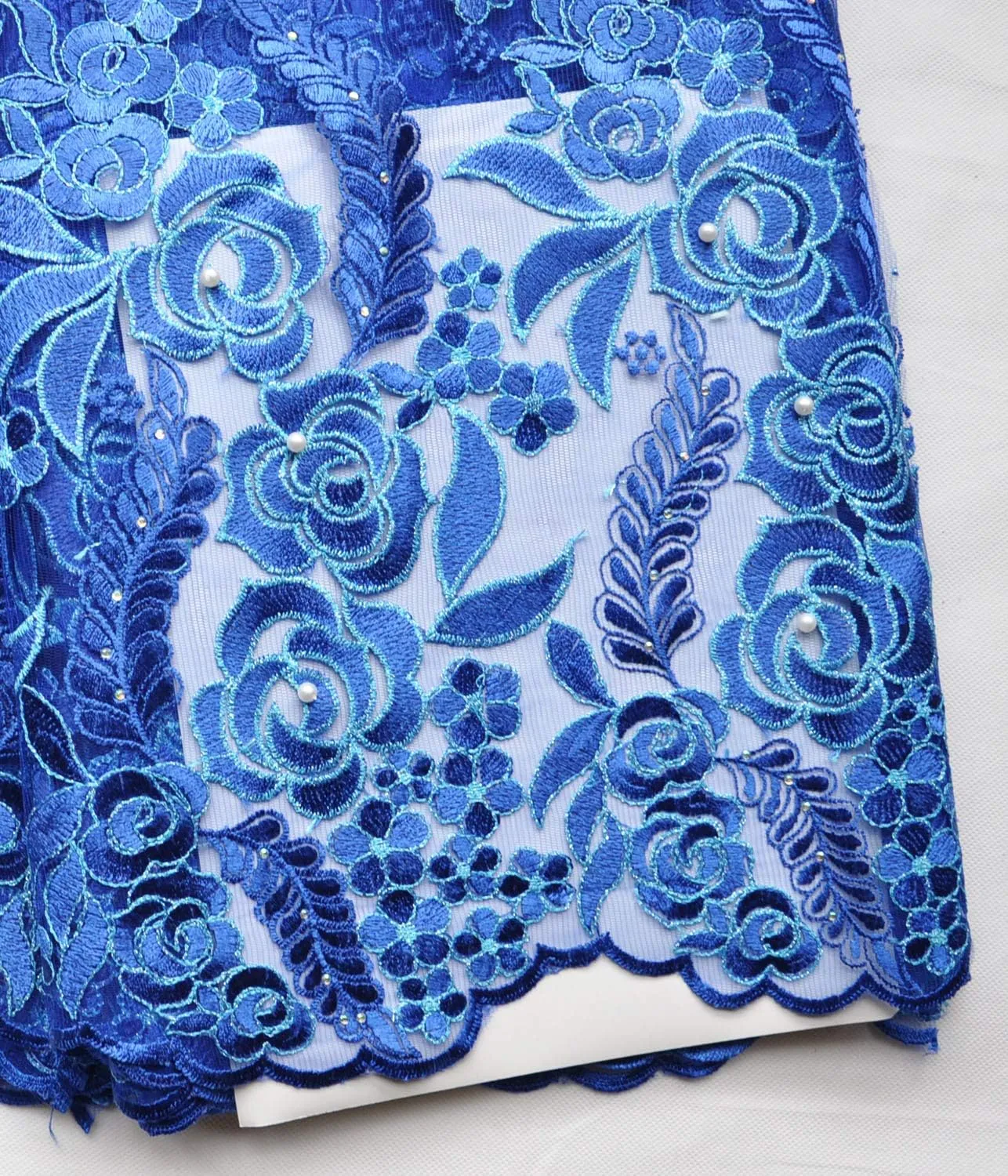 SanVera17 African Lace Net Fabrics Nigerian French Fabric Rope Embroidered and Manual Beading Guipure Cord Lace for Party Wedding 5 Yards (Blue)