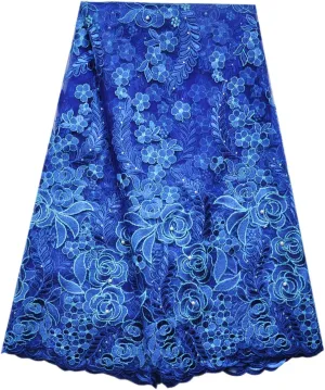 SanVera17 African Lace Net Fabrics Nigerian French Fabric Rope Embroidered and Manual Beading Guipure Cord Lace for Party Wedding 5 Yards (Blue)