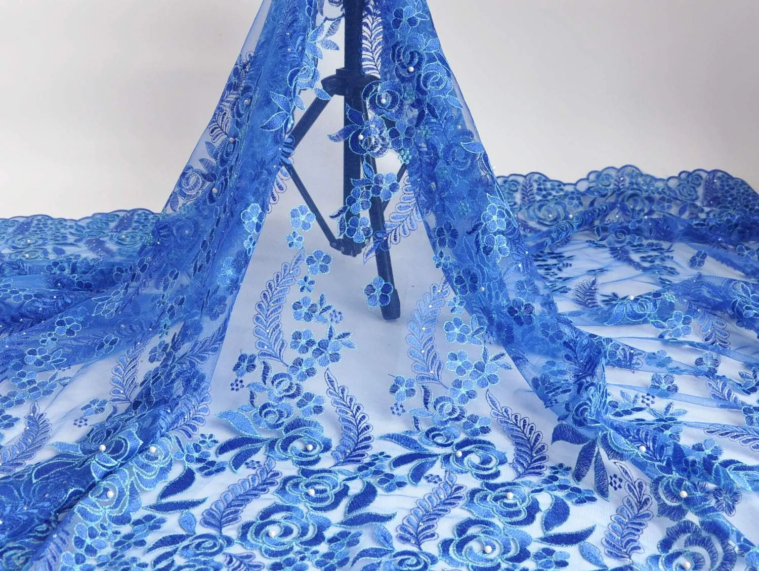 SanVera17 African Lace Net Fabrics Nigerian French Fabric Rope Embroidered and Manual Beading Guipure Cord Lace for Party Wedding 5 Yards (Blue)