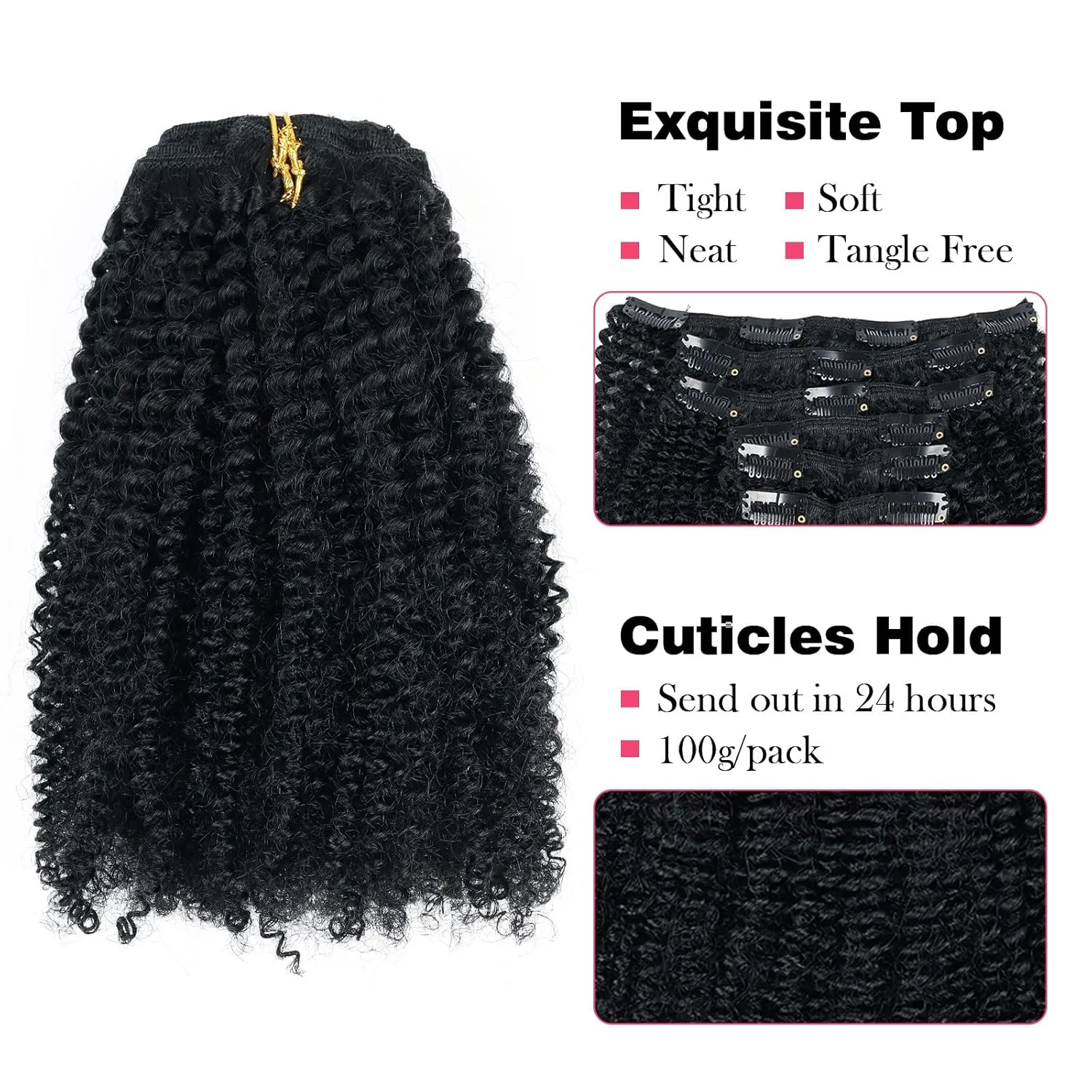 Sassina Afro Coily Clip ins Human Hair Extensions Double Wefts 4B 4C Afro Kinky Coily Clip ins for Black Women Jet Black Clip in Hair Extensions Human Hair Full Head 7 Pcs 120 Grams 14 Inch #1
