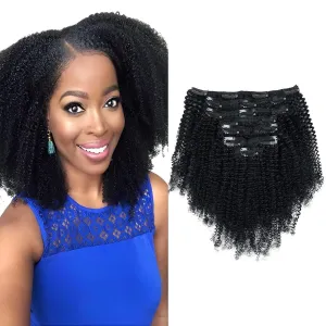 Sassina Afro Coily Clip ins Human Hair Extensions Double Wefts 4B 4C Afro Kinky Coily Clip ins for Black Women Jet Black Clip in Hair Extensions Human Hair Full Head 7 Pcs 120 Grams 14 Inch #1