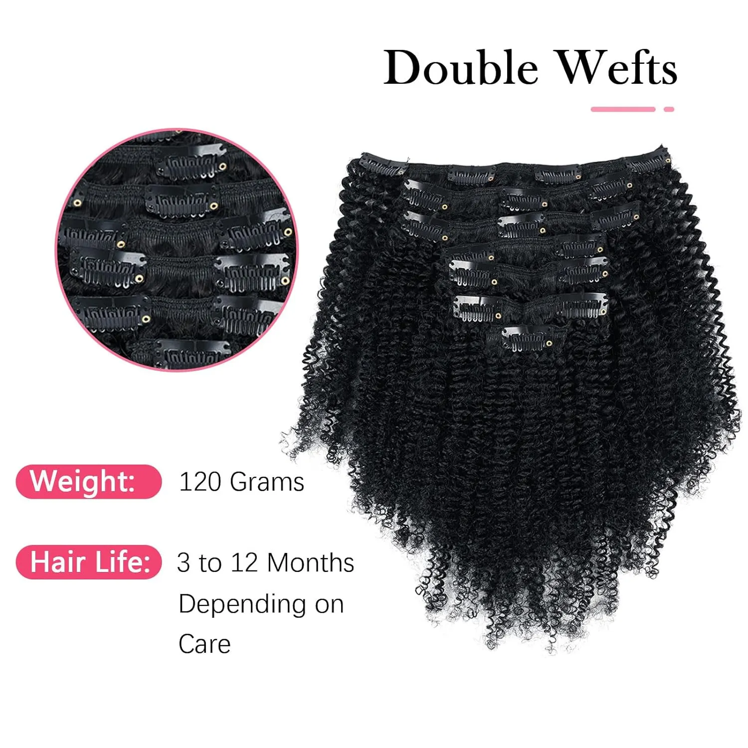 Sassina Afro Coily Clip ins Human Hair Extensions Double Wefts 4B 4C Afro Kinky Coily Clip ins for Black Women Jet Black Clip in Hair Extensions Human Hair Full Head 7 Pcs 120 Grams 14 Inch #1