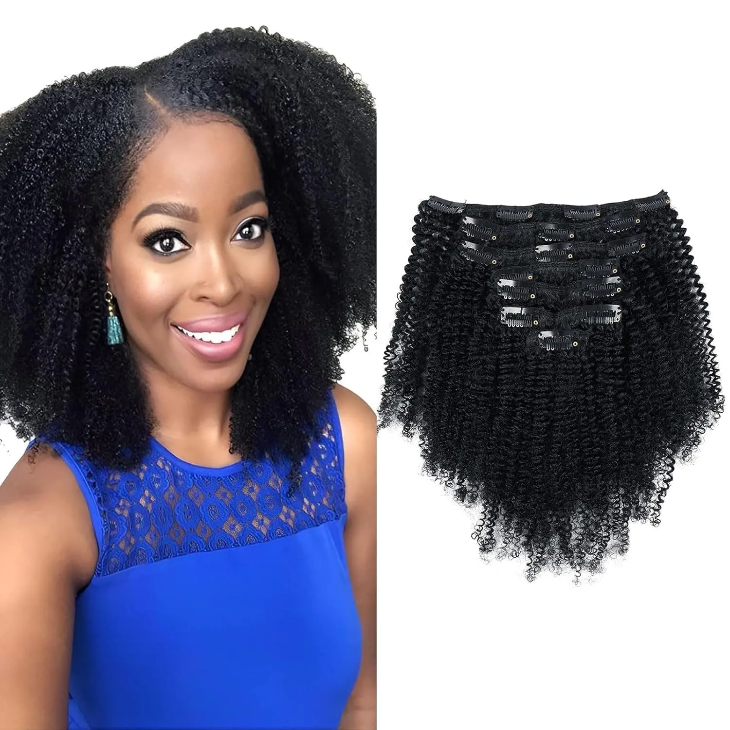 Sassina Afro Coily Clip ins Human Hair Extensions Double Wefts 4B 4C Afro Kinky Coily Clip ins for Black Women Jet Black Clip in Hair Extensions Human Hair Full Head 7 Pcs 120 Grams 14 Inch #1