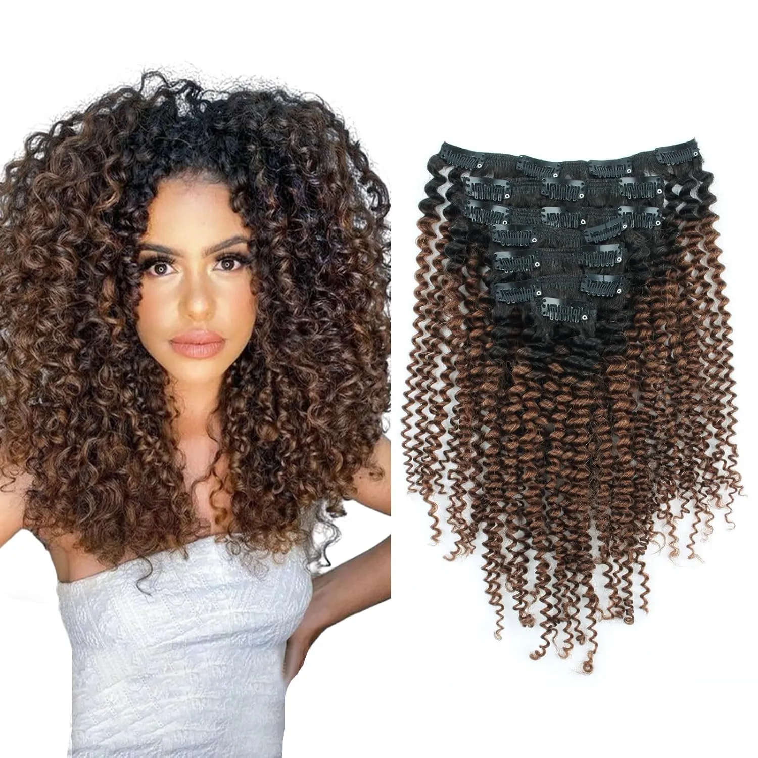 Sassina Ombre Kinky Curly Clip in Human Hair Extensions for African American Black Women Double Wefts 3C 4A Afro Kinky Curly Clip in 7Pcs-120G Ombre Natural Black Chocolate Brown TN4 14Inch