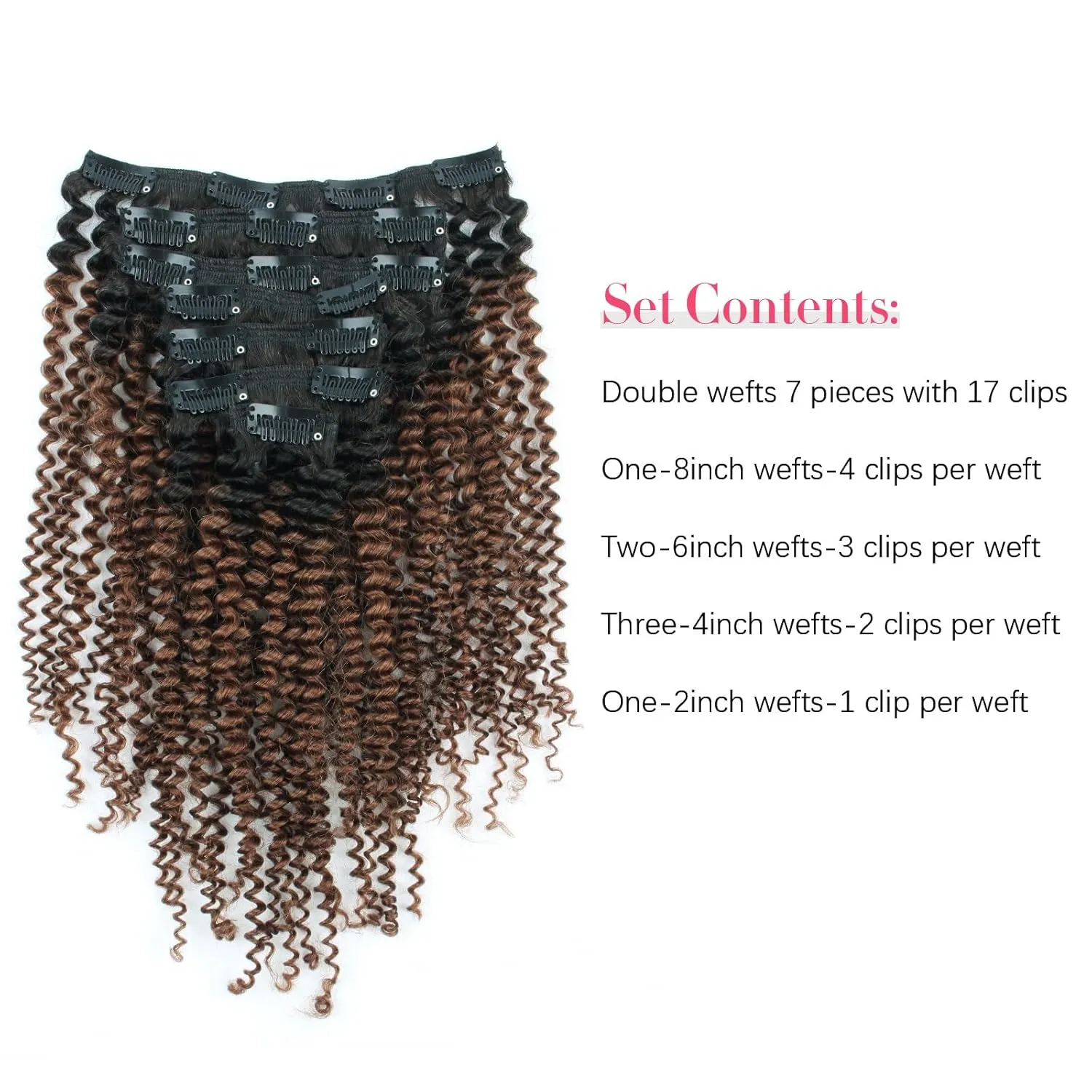 Sassina Ombre Kinky Curly Clip in Human Hair Extensions for African American Black Women Double Wefts 3C 4A Afro Kinky Curly Clip in 7Pcs-120G Ombre Natural Black Chocolate Brown TN4 14Inch