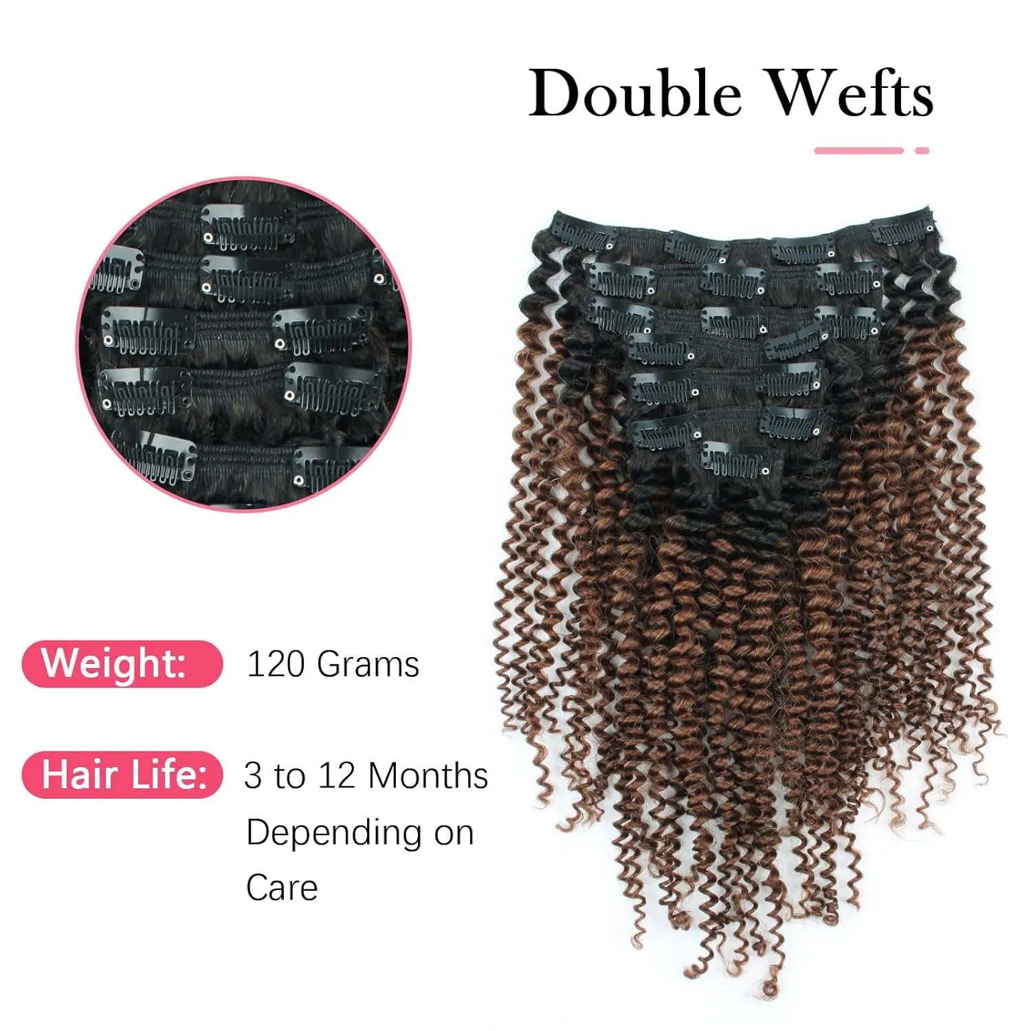 Sassina Ombre Kinky Curly Clip in Human Hair Extensions for African American Black Women Double Wefts 3C 4A Afro Kinky Curly Clip in 7Pcs-120G Ombre Natural Black Chocolate Brown TN4 14Inch