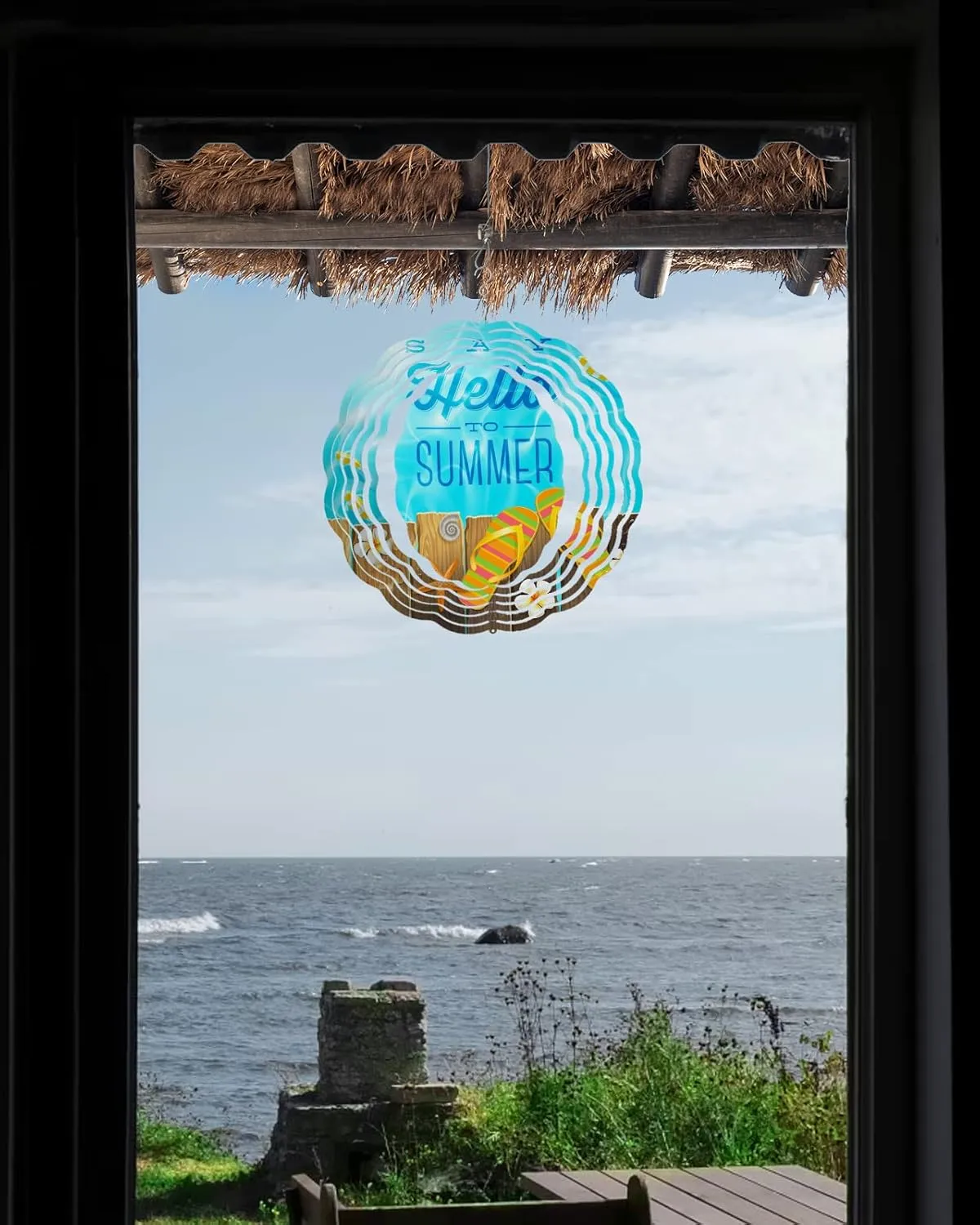 Say Hello to Summer Wind Spinner Indoor/Outdoor Garden Decor, Beach Slipper Wood Floral Slippers 3D Stainless Steel Hanging Wind Sculpture, Crafts Ornaments Kinetic Yard Art 9.8''