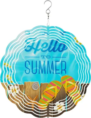 Say Hello to Summer Wind Spinner Indoor/Outdoor Garden Decor, Beach Slipper Wood Floral Slippers 3D Stainless Steel Hanging Wind Sculpture, Crafts Ornaments Kinetic Yard Art 9.8''