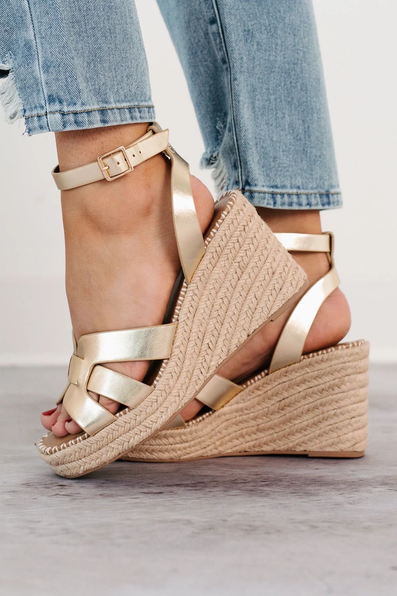 Scarlett Ankle Strap Espadrille Wedge Sandal (Gold)