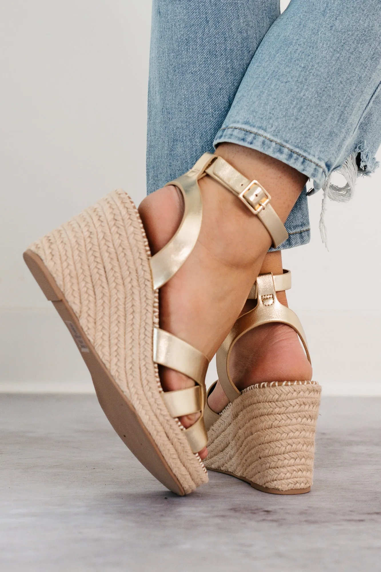 Scarlett Ankle Strap Espadrille Wedge Sandal (Gold)