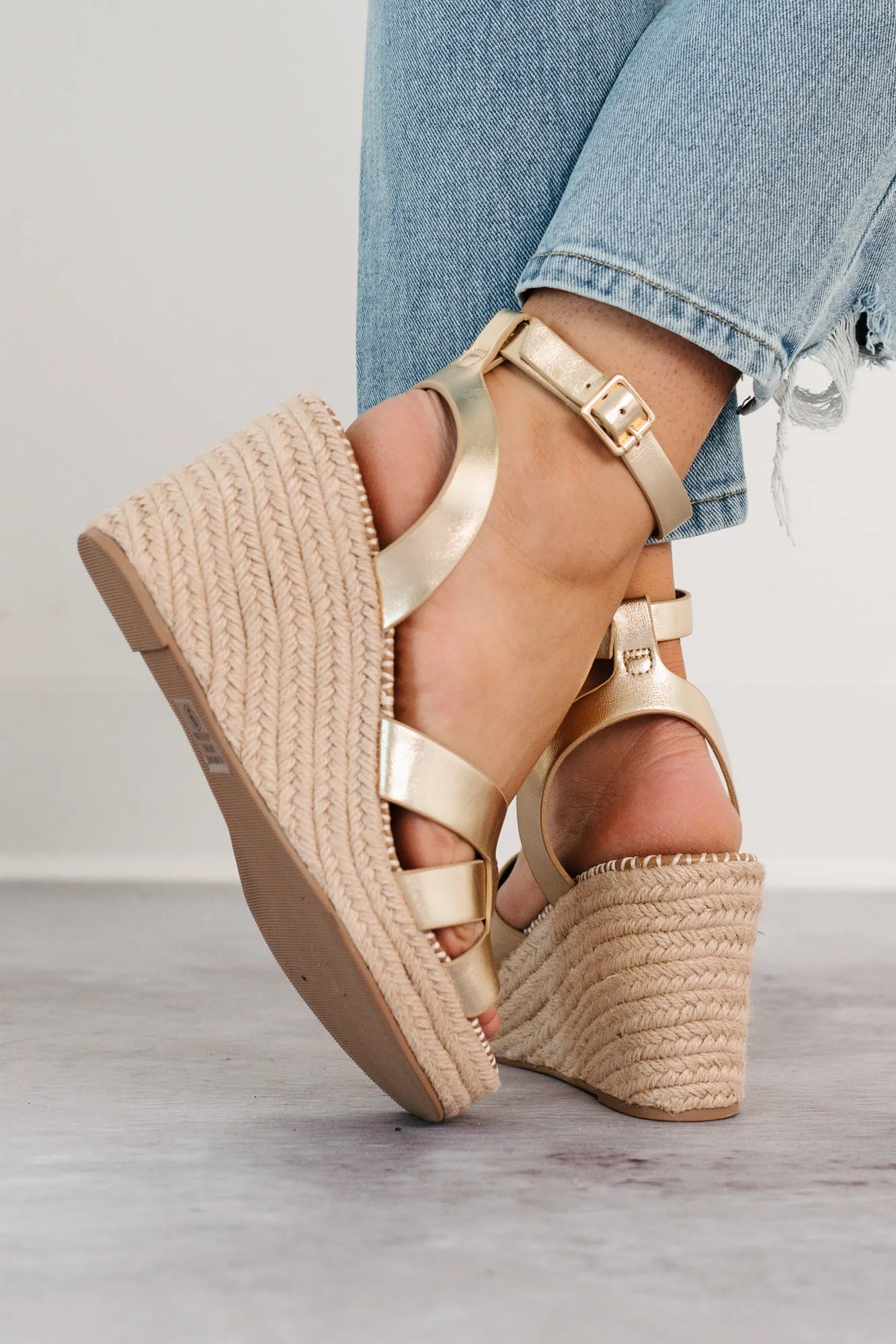 Scarlett Ankle Strap Espadrille Wedge Sandal (Gold)