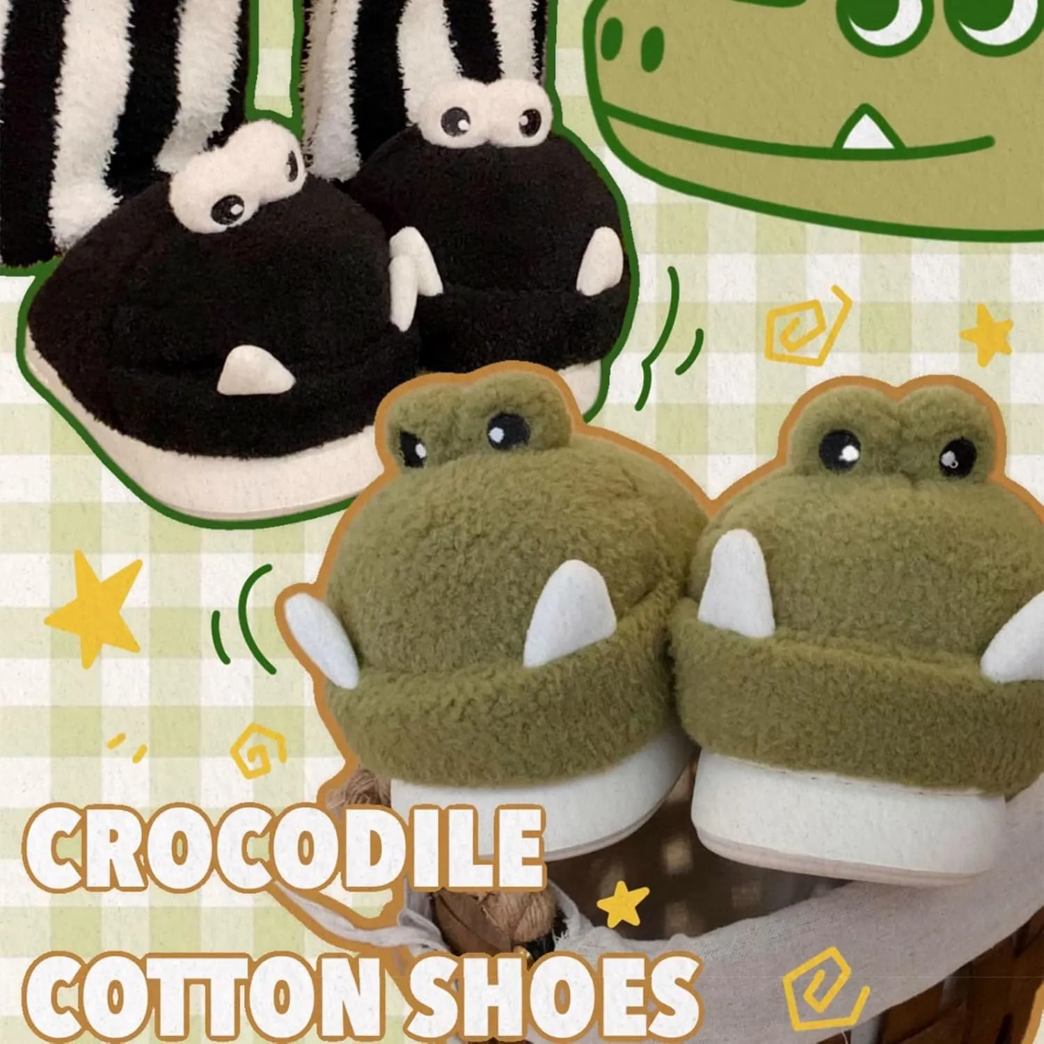 Schnappi Crocodile Slippers, Women's Fuzzy Crocodile Slipper Memory Foam Slippers, Cute Cartoon Animal Slides Winter Warm Cotton House Shoes (Green,12-13 Women/10-11 Men)