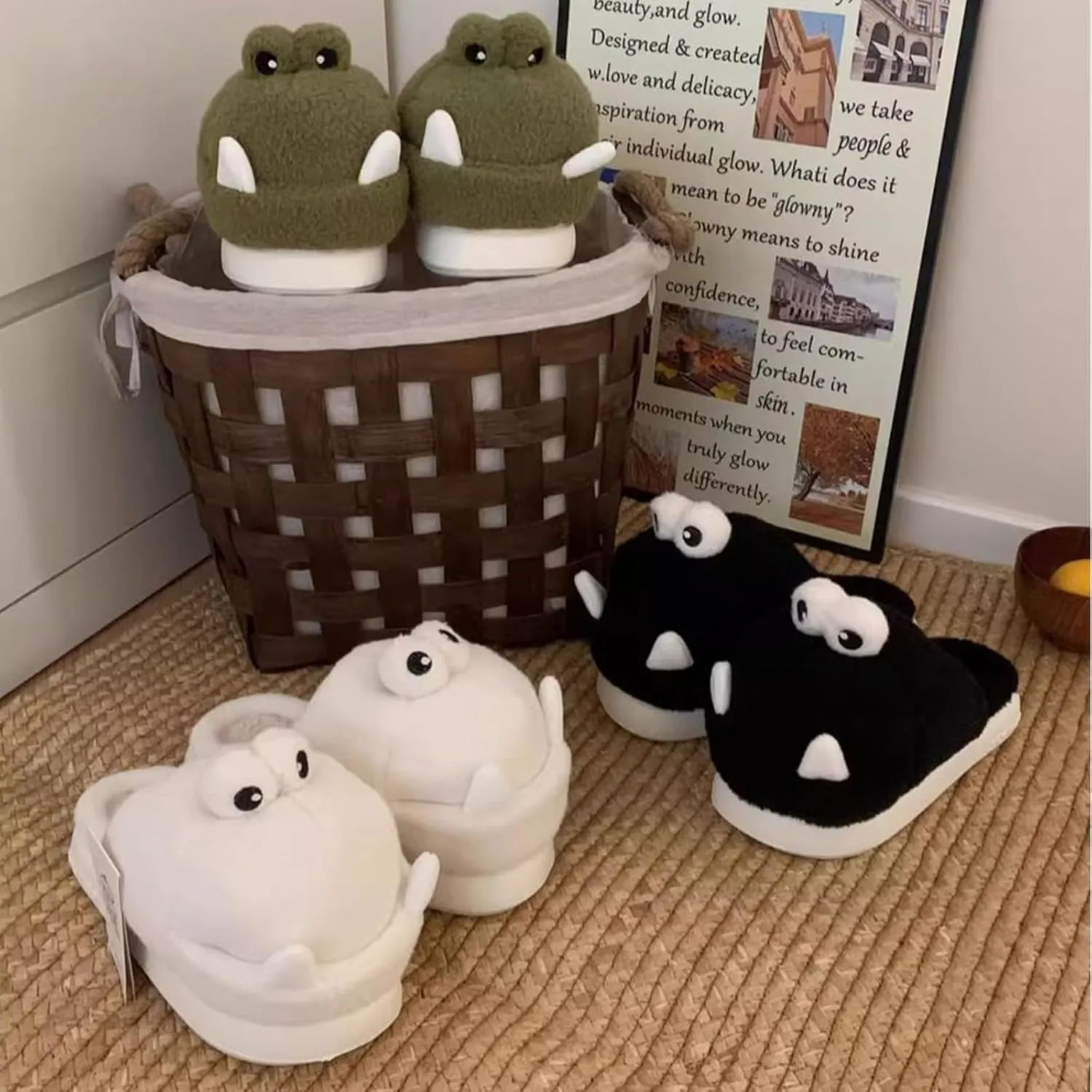 Schnappi Crocodile Slippers, Women's Fuzzy Crocodile Slipper Memory Foam Slippers, Cute Cartoon Animal Slides Winter Warm Cotton House Shoes (Green,12-13 Women/10-11 Men)