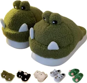 Schnappi Crocodile Slippers, Women's Fuzzy Crocodile Slipper Memory Foam Slippers, Cute Cartoon Animal Slides Winter Warm Cotton House Shoes (Green,12-13 Women/10-11 Men)