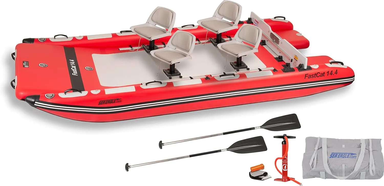 Sea Eagle FastCat Catamaran 2-4 Person Inflatable Boat-Rigid, High-Pressure, All-Drop Stitch, Easy Setup, Self-Bailing