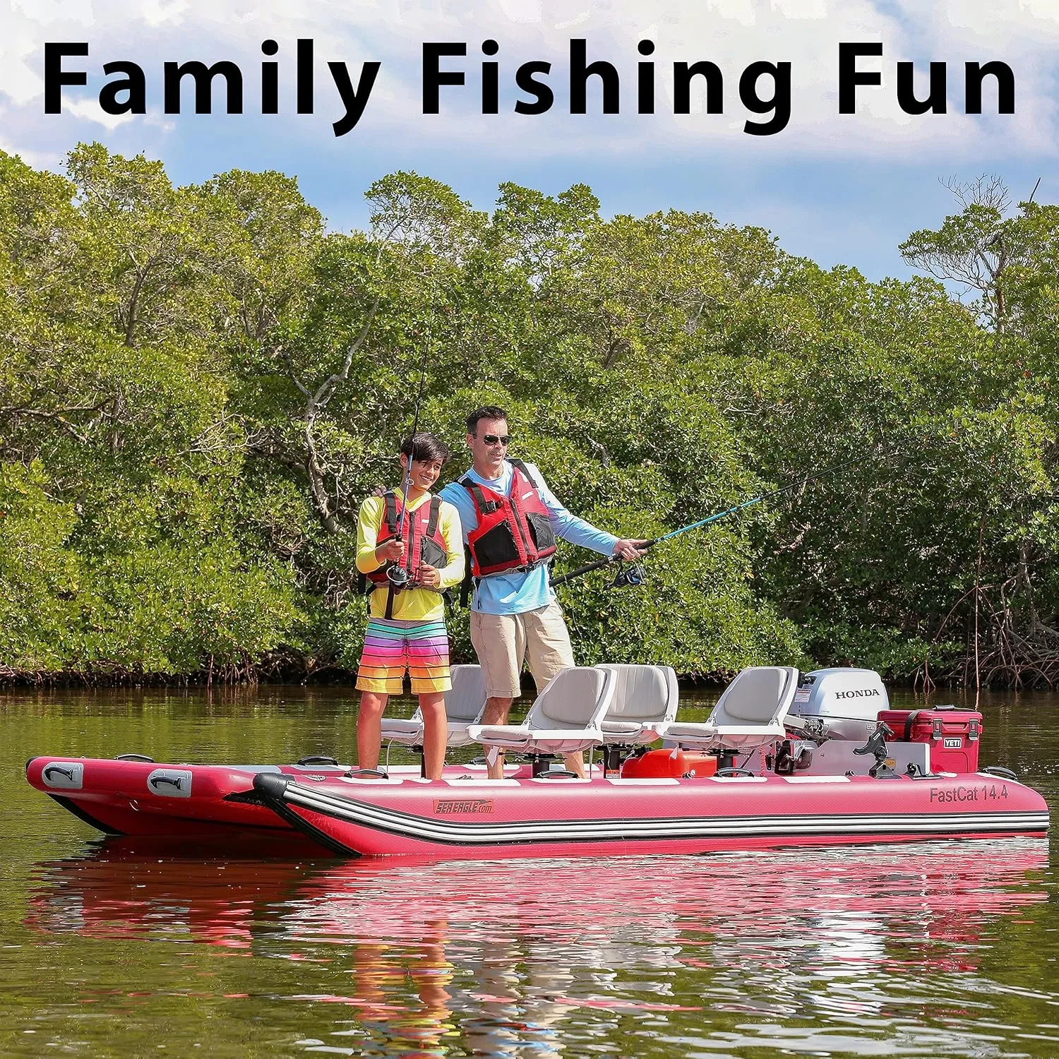 Sea Eagle FastCat Catamaran 2-4 Person Inflatable Boat-Rigid, High-Pressure, All-Drop Stitch, Easy Setup, Self-Bailing