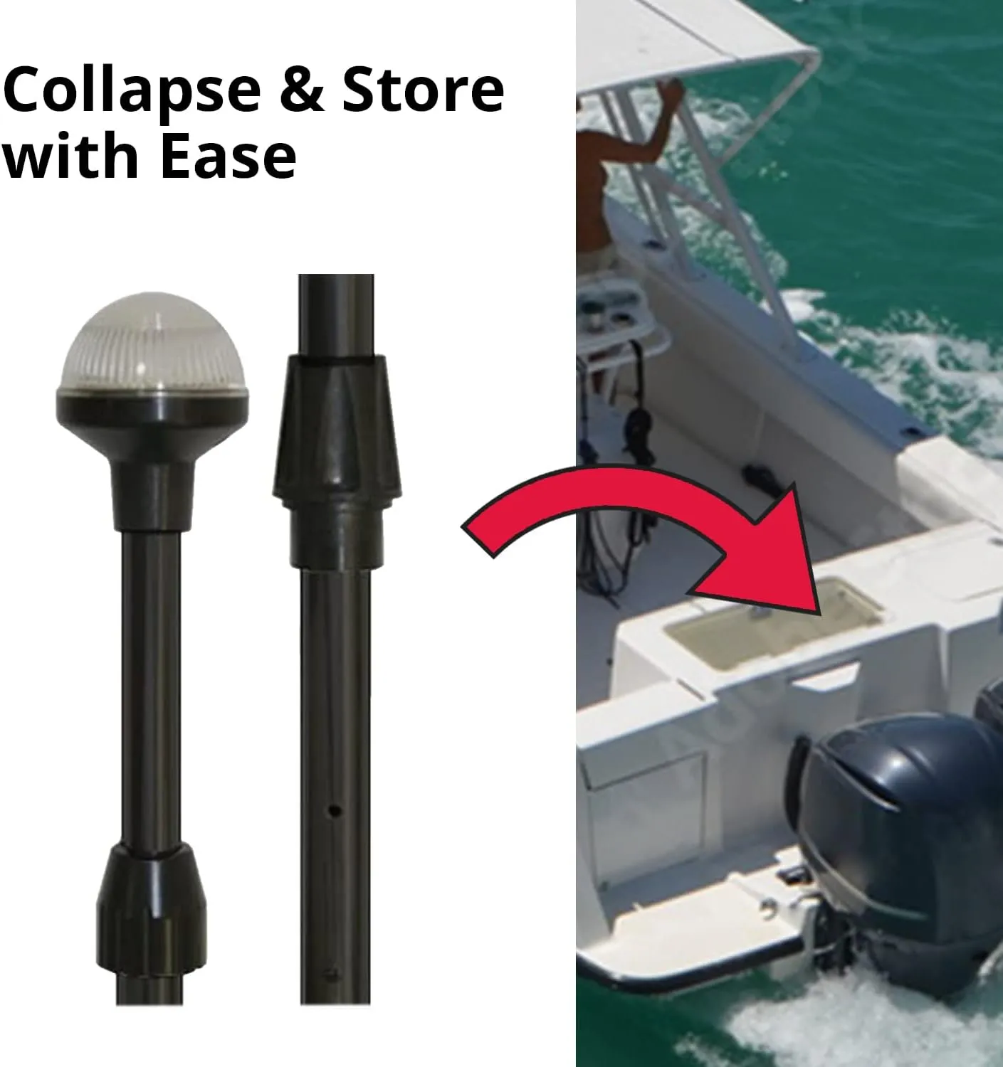 SeaSense LED Stern Light - Range of 2 Nautical Miles - Easily Adjustable, Stowable Black EDC Light for Boats, Kayaks, Canoes, Pontoons & Fishing Vessels up to 39 Feet (Base Not Included)