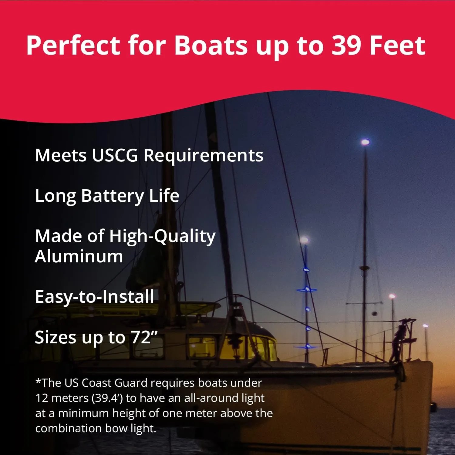 SeaSense LED Stern Light - Range of 2 Nautical Miles - Easily Adjustable, Stowable Black EDC Light for Boats, Kayaks, Canoes, Pontoons & Fishing Vessels up to 39 Feet (Base Not Included)